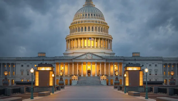 The United States Capitol lit at dusk under a cloudy sky
